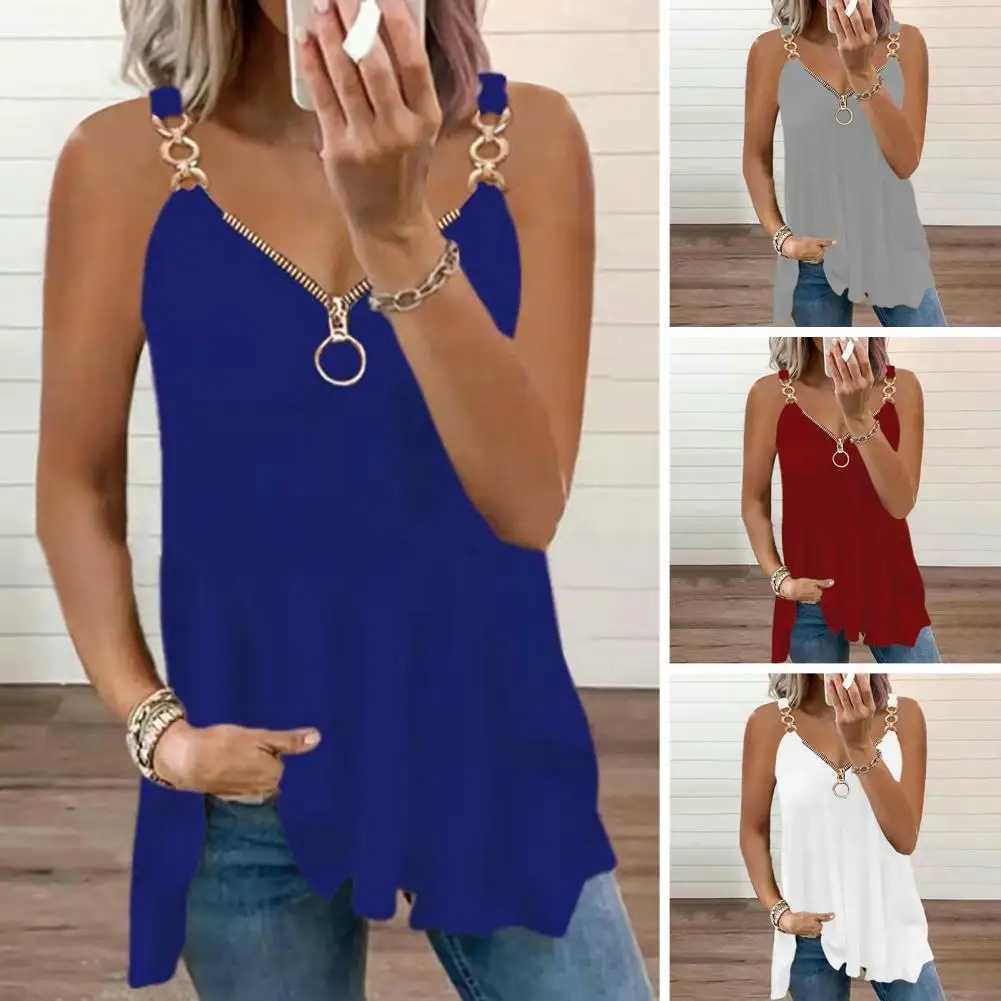 Zipper V-neck Sveless Sling Top Chain Shoulder Chain Straps Loose Fit Backless Milk Silk Solid Color Soft Vest Top StreetwearXJ250212