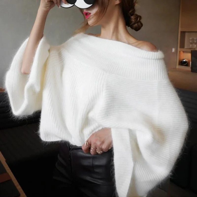 Sexy Off Shoulder Knitted Sweater Women Solid Loose Flare Sleeve Pullover Female Slash neck Mink Cashmere Sweater Jumpers 250210