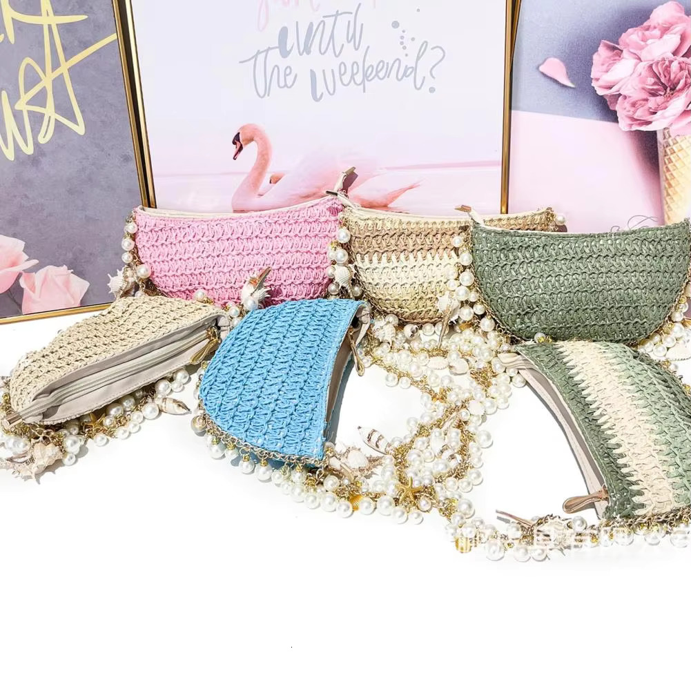 Small Purse Summer Straw Beach Elegant Faux Pearl Shell Fishstar Decor Handbag With Chain Straps Women's Shoulder Bag