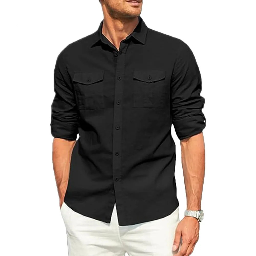 Mens Shirt Double Pocket Cotton Linen Long Sleeve Shirt Casual Holiday Shirt Simple Lapel Solid Cargo Shirts Tops Blouses 250211