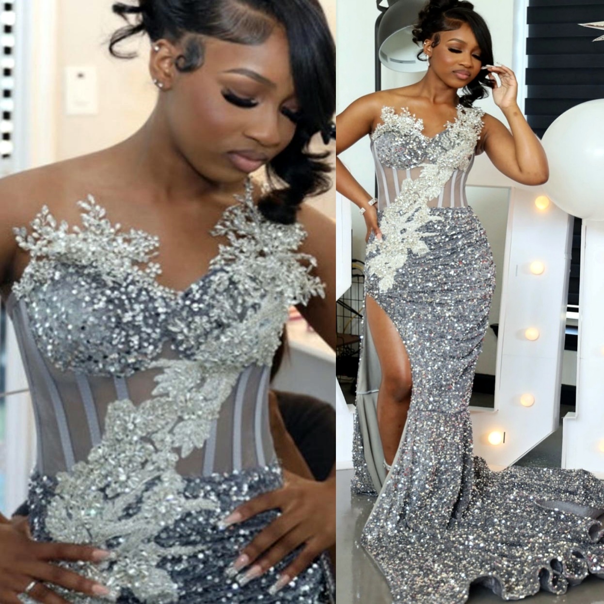 Aso Ebi 2025 Silver Mermaid Prom Dresses Floral Crystals Lace Beaded Sequined Evening Formal Party Second Reception Birthday Gowns Dress For Special O