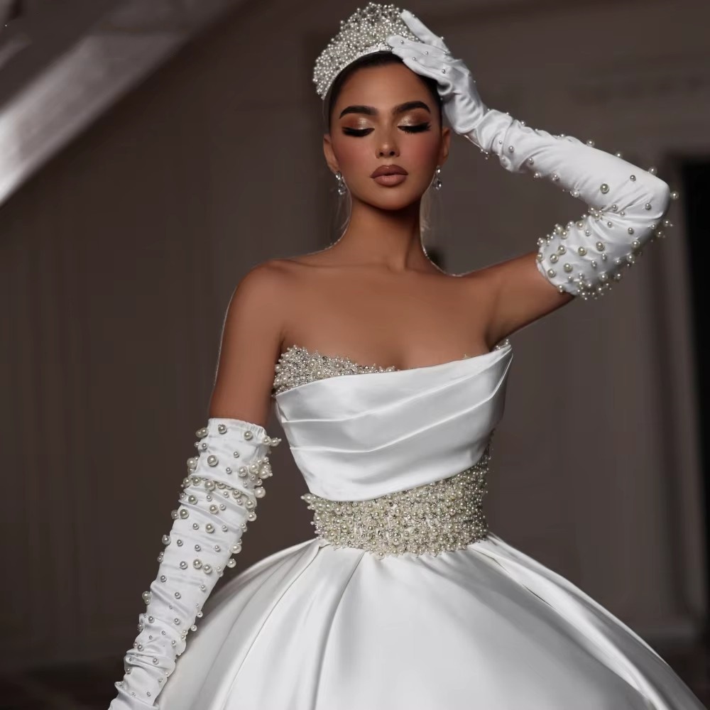 Exquisite Ball Gown Wedding Dress For Women Strapless Sleeveless Bridal Gowns Pearls Sequins Sweep Train Dresses Custom Made vestidos de novia