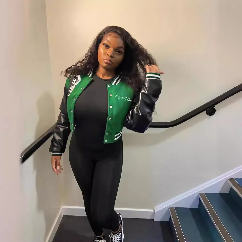 Personalized Street Casual Letter Top Leather Sleeves Baseball Jacket Short Long Sleeve Jacket for Women 250212