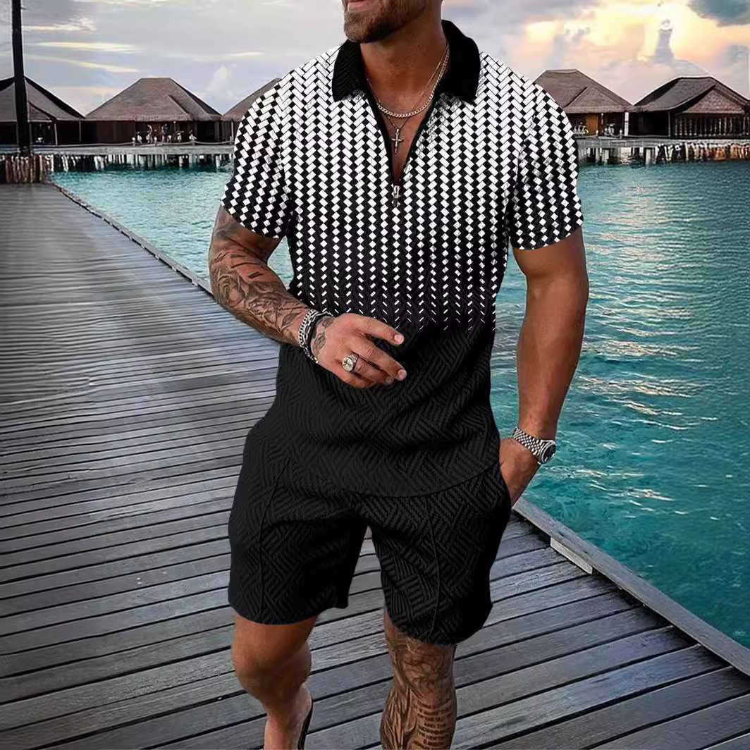 Summer 3D digital printing set for mens casual polo shirt set W250212