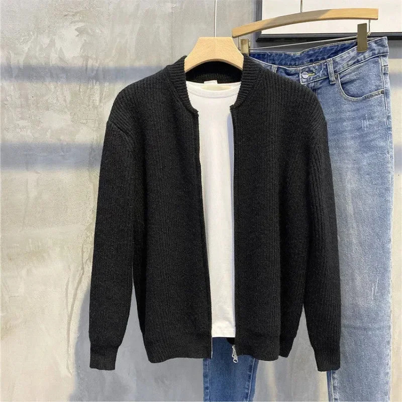 Knitted Sweaters for Men Black Man Clothes Plain Y2k Vintage Cardigan Solid Color Zip-up Zipper Collared Long Sleeve 100% Tops A 250211