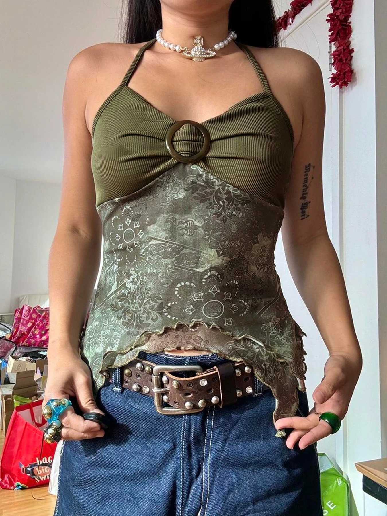 Sweetown Retro Forest Green Vintage Print Boho Y2K Camisole Backless Halter Tie Asymmetrical Tops Women Summer Vacation ClothingXJ250212