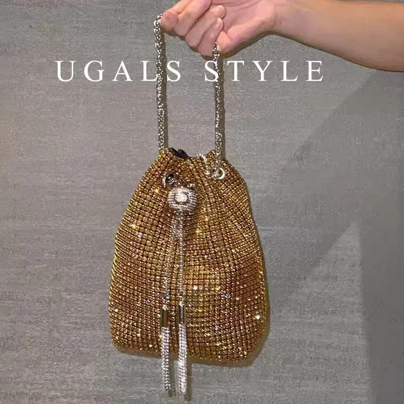 Women's Handbag Glitter String Bucket Crystal Shiny Rhies Dia Evening Wedding Party Clutch Purse Crossbody Bag