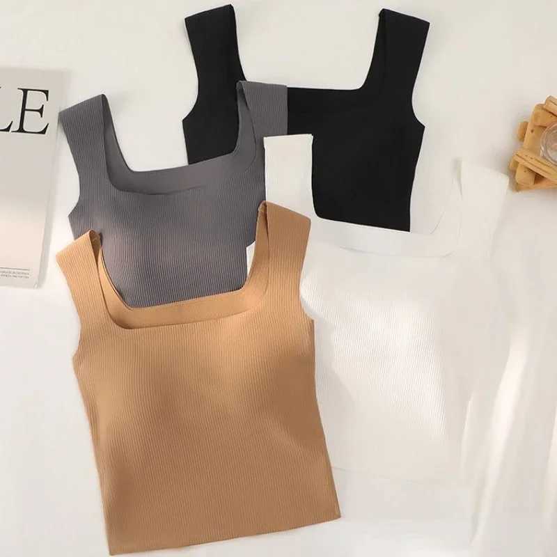 Nude Wide Shoulder Camisole Square Neck Beautiful Back Threaded Vest Womens Seamless One-piece Fixed Cup Casual Solid TopsXJ250212