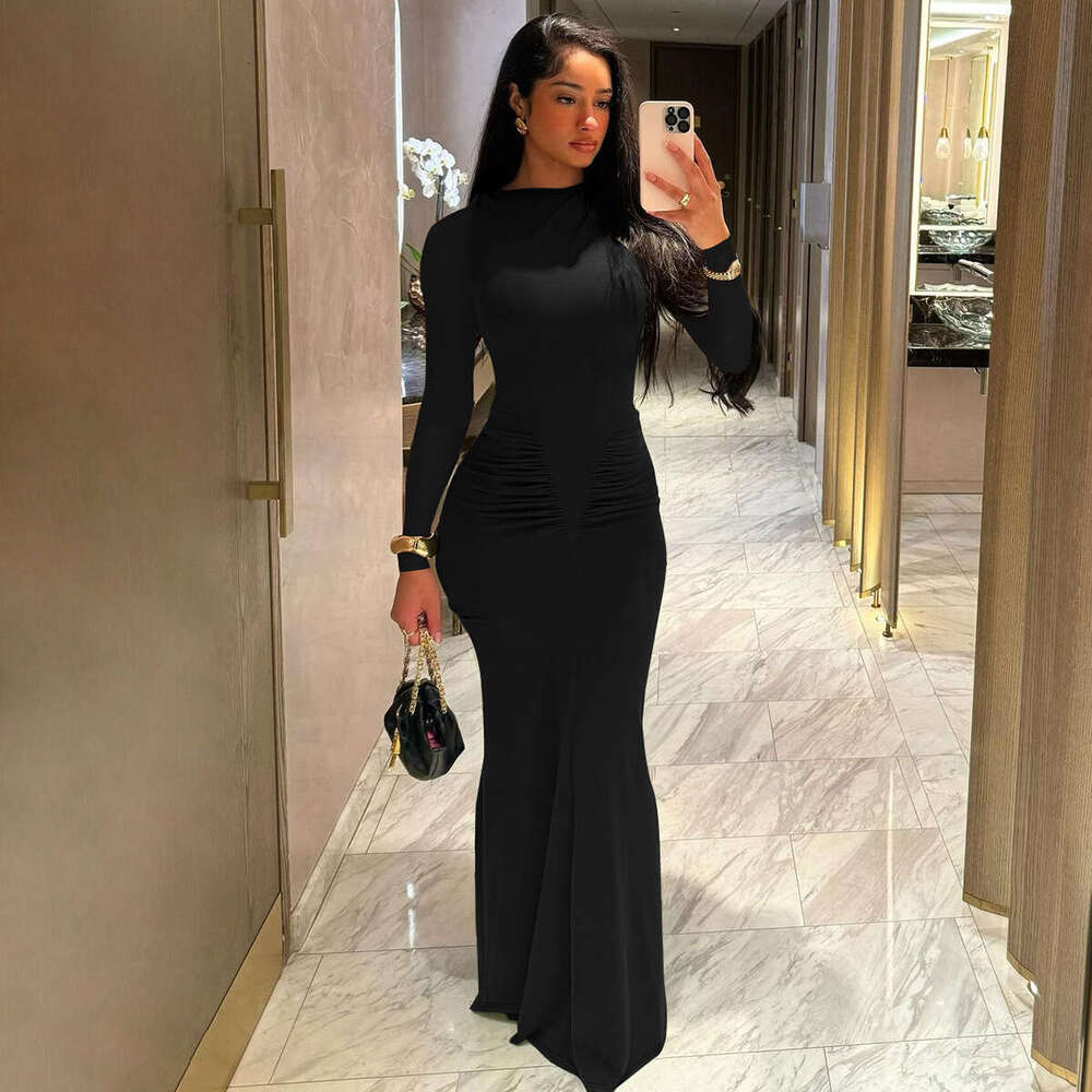 Hot selg women's in Europe America summer 2025, fashionable stylish products, slim fit pleated round neck long sleeved dresses, wholesale for wom