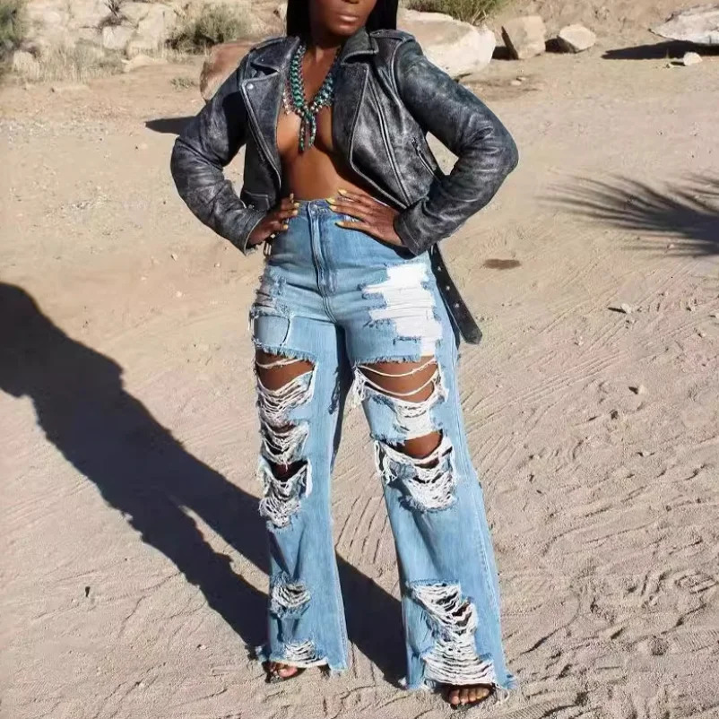 Womens Jeans Long Pants Elegant Splice Denim Pants Slim Y2k Sexy Hole High Waist Button Pocket Straight Trousers Summer 250210