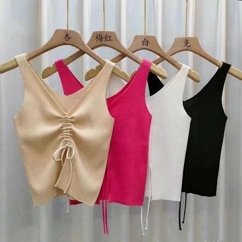 Solid Ruched Split Hem Sveless Crop Tee Top Women Summer 2024 Fashion Cap Sve Tank Top Shirt Streetwear Y2K ClothesXJ250212