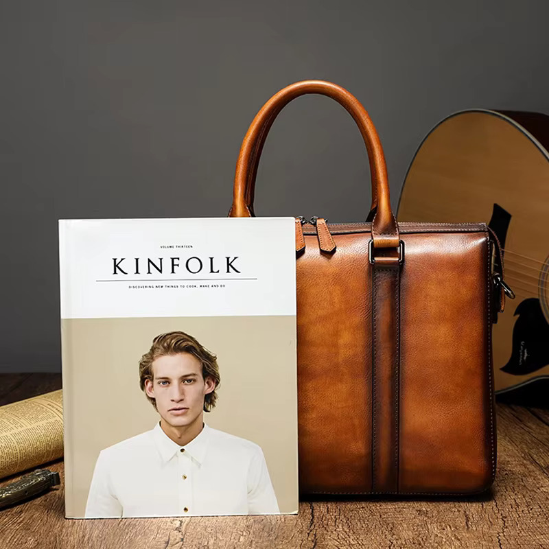 Men's Vintage Handmade Genuine Leather Handbag Plant Tanning Head Layer Cowhide Briefcase Business Computer Men Shoulder Bag