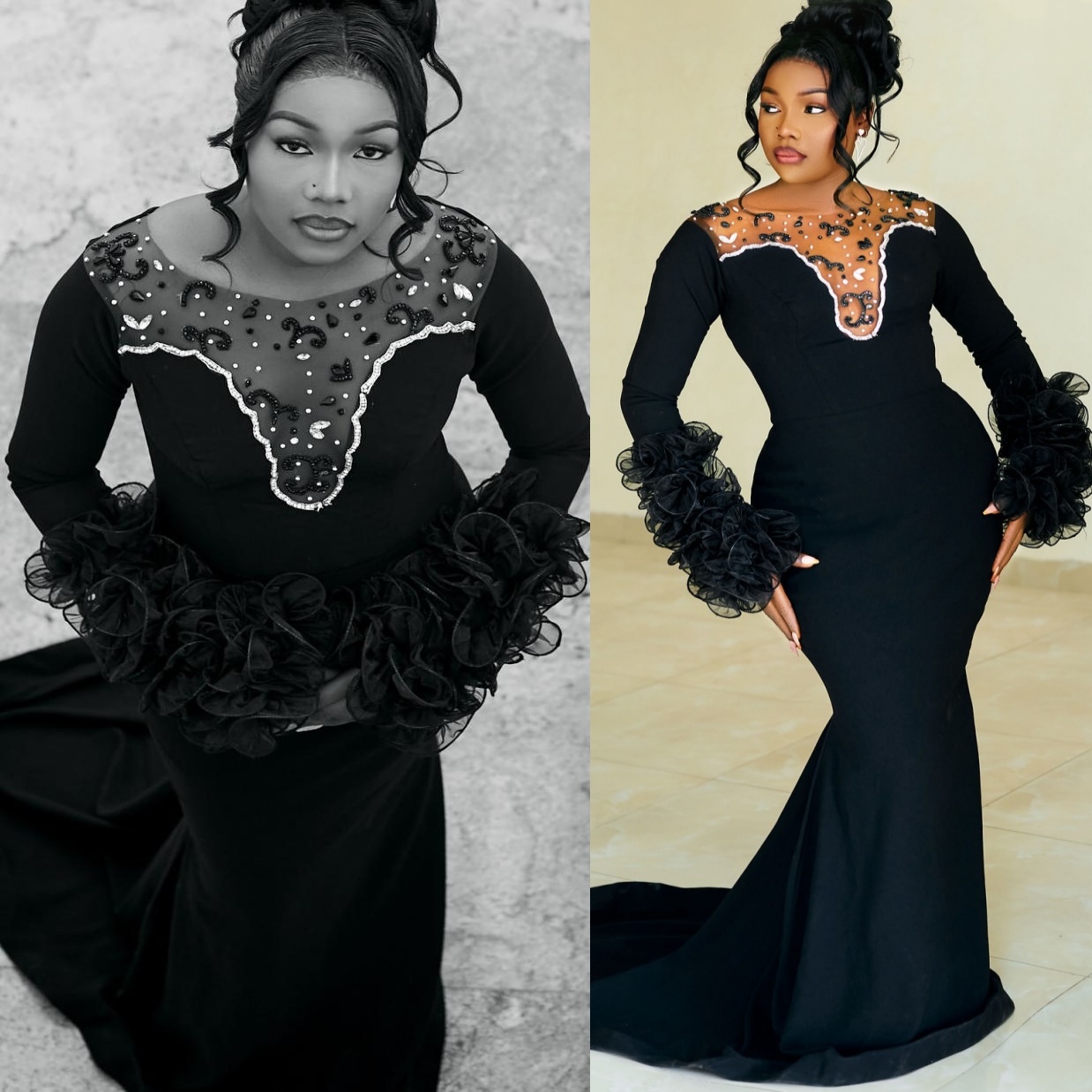 Aso Ebi 2025 Black Mermaid Prom Dresses Crystals Beaded Satin Full Sleeves Evening Formal Party Second Reception Birthday Gowns Dress For Special Occa