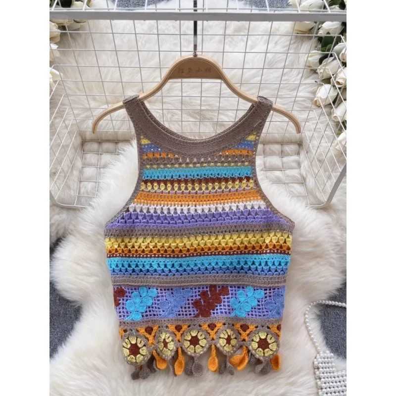 Bohemian Tank Tops Women Knitted Retro Crochet Design Colorful Short Vacation Strap Vest 2024 New Neck Hanging Outwear TanksXJ250212