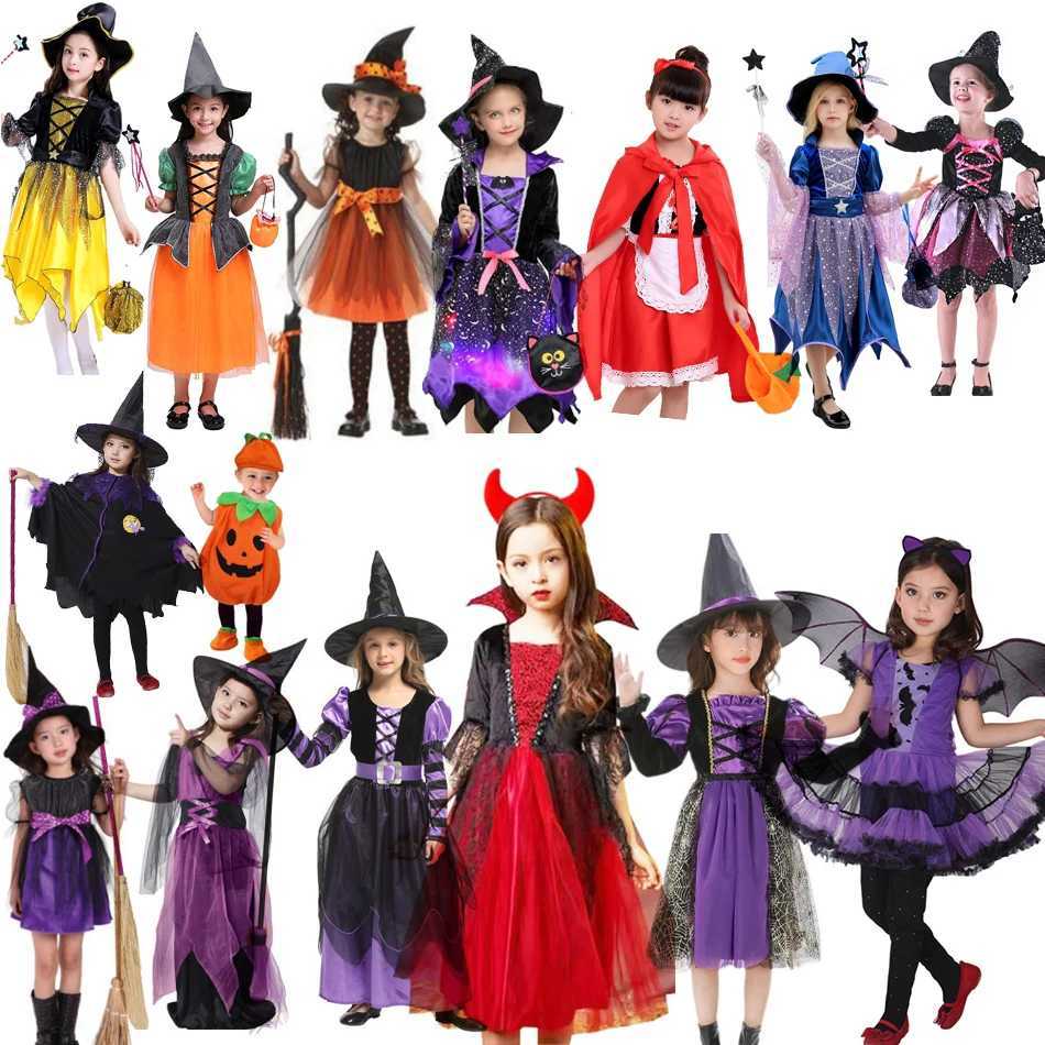 Kids Halloween Apparel Horror Dress Witch Costume with Hat Wand Girl Carnival Black Magic Villain Wizard Vampire Cosplay GownXJ250117