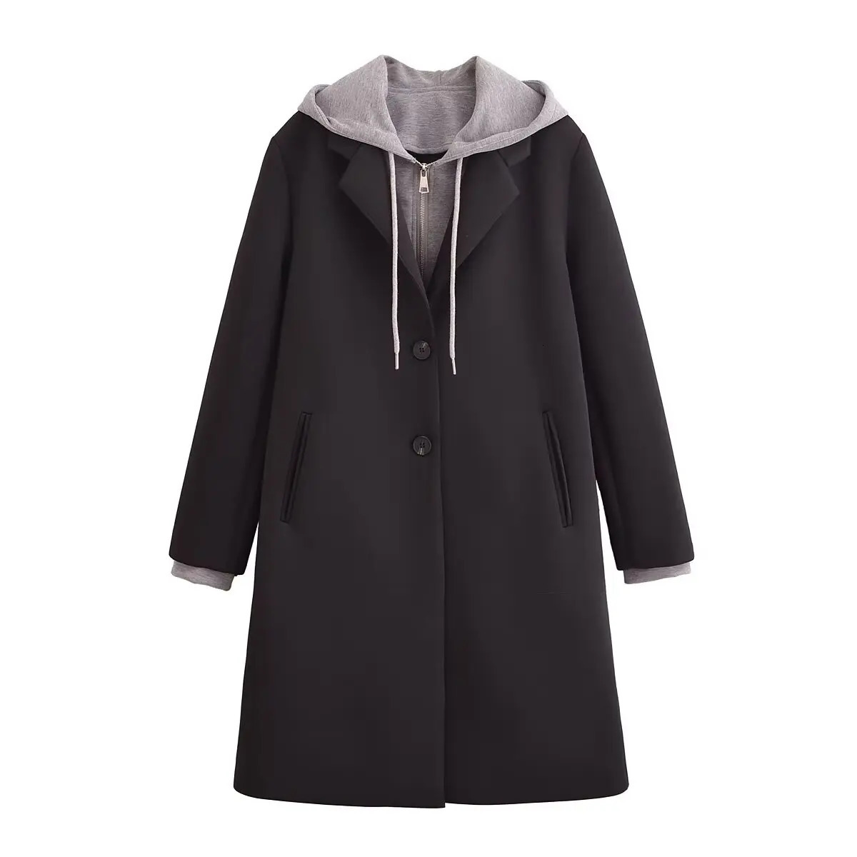 TRAF Women 2024 Autumn and Winter Fashion Leafy Detachable Hooded Long Coat Casual Sleeve Top Outerwear Mujer 250109