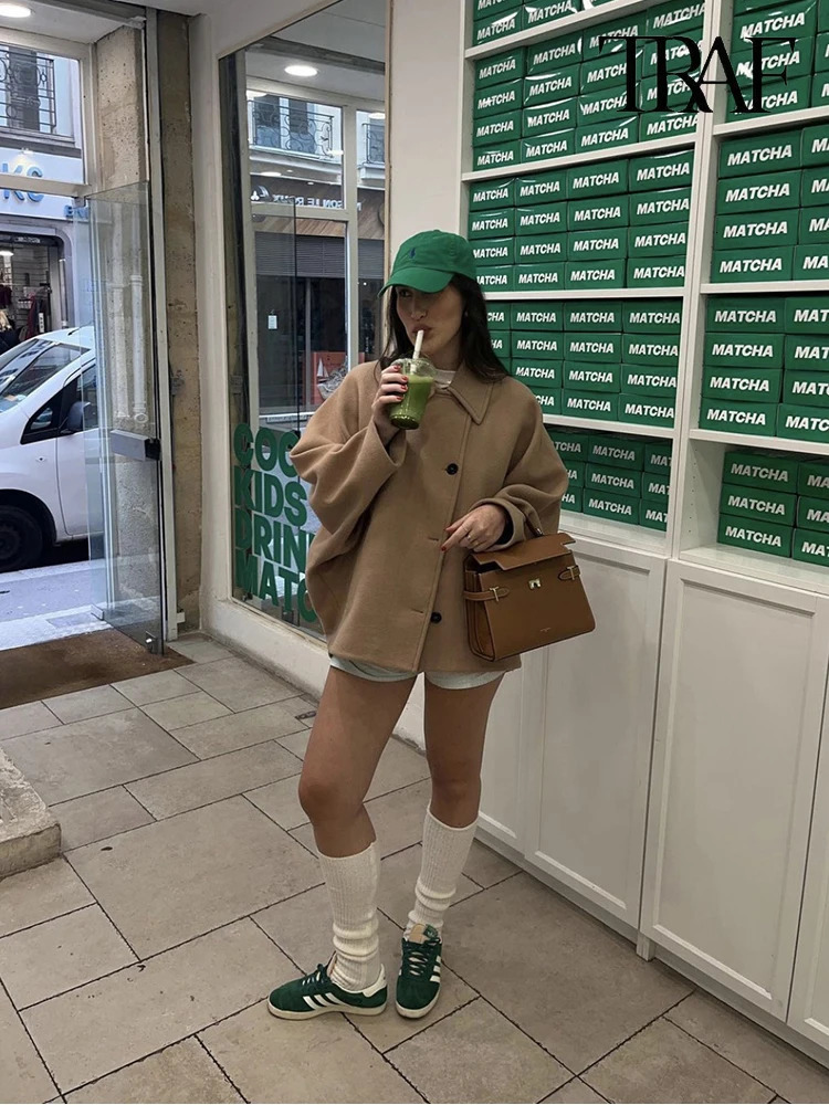TRAF Womens Casual Vintage Khaki Coat Bat Sleeve Lapel Warm Tweed Autumn and Winter Fashion Loose Single Breasted 250109