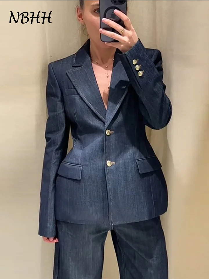 Fashion Denim Pants 3 Pieces Sets For Women Slim Waist Lapel Buttons Jacket Strapless Vests Straight Trousers 2025 Lady Outfits 250211