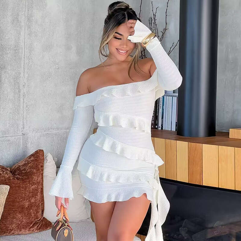 Europe and America hot selg autumn product fashion shoulder lotus leaf edge trumpet sleeve ribbon dress wholesale 2025 temperament versatile new trend