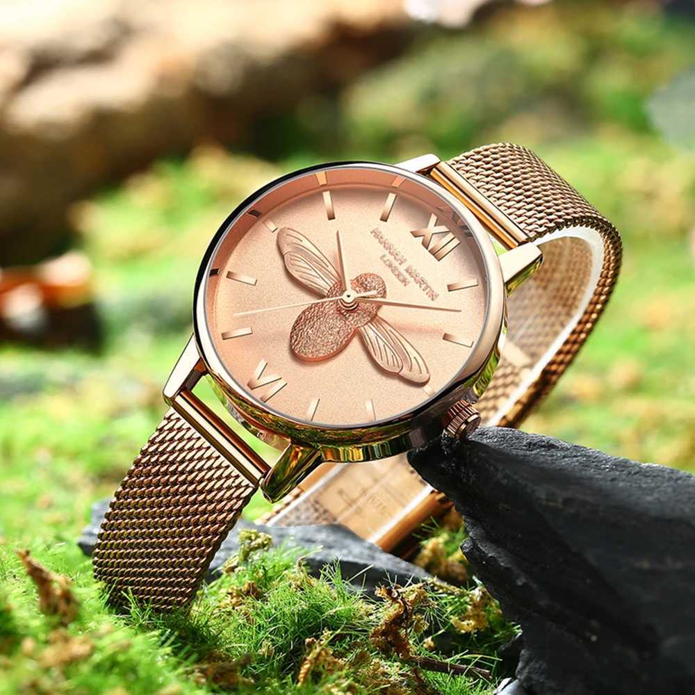 Hannah Martin 2023 New Women Luxury Watch Rose Gold 31mm Classic Casual Girl Dress Watch Bracelet Set 3D Engraved Bee Dial ClockXJ250213