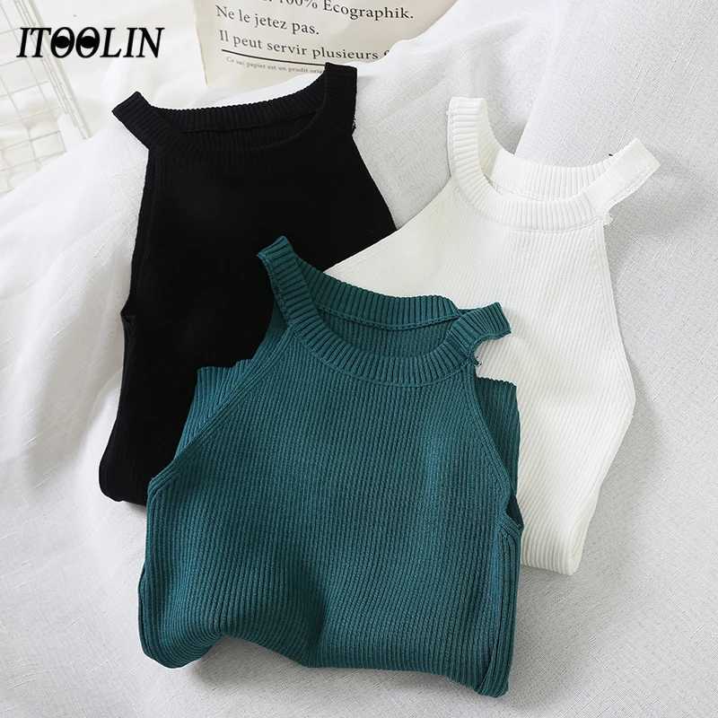 ITOOLIN New Women Tank Top Knit Off Shoulder Sexy Round Neck T-Shirt Womens Solid Color Halter Camisole 2024 SummerXJ250212
