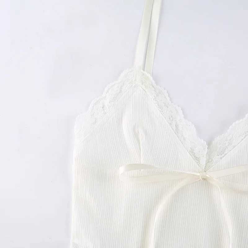 Lace Trim Crop Top Aesthetic White Bow Cute Sweet Mini Vest Knitted Basic Casual Tee Women Summer Backless BeachXJ250212