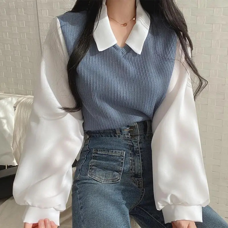 Women Two Pieces Long Sleeve Turn Down Collar Patchwork Thread Tshirts Autumn Spring Loose Korean Tee Tops CDPFWYP6890 250114Z