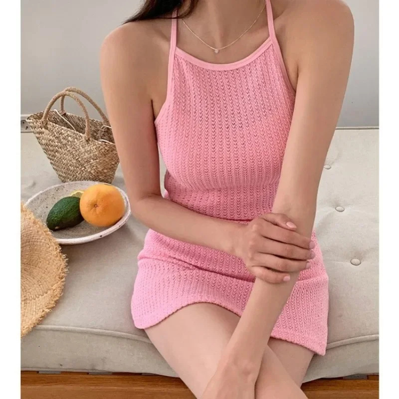 Pink One Piece Swimsuit Female 2025 Korean Swimwear Women Knitting Dress Bathing Suits Summer Beach Wear Cross Back Monokini 250210