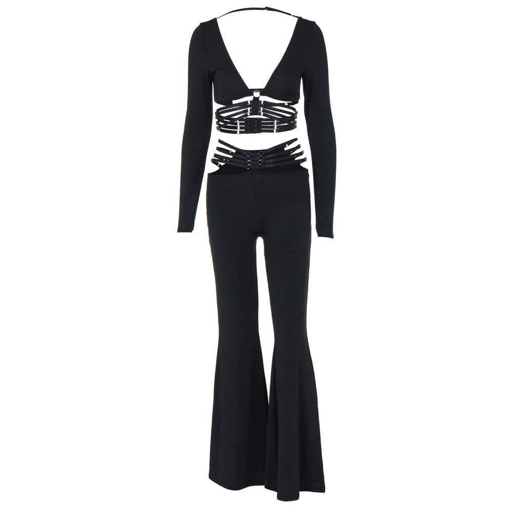 European American women's autumn products fashionable sexy V-neck long sleeved top slim fit strap wide leg pants set wholesale 2025 new style tem