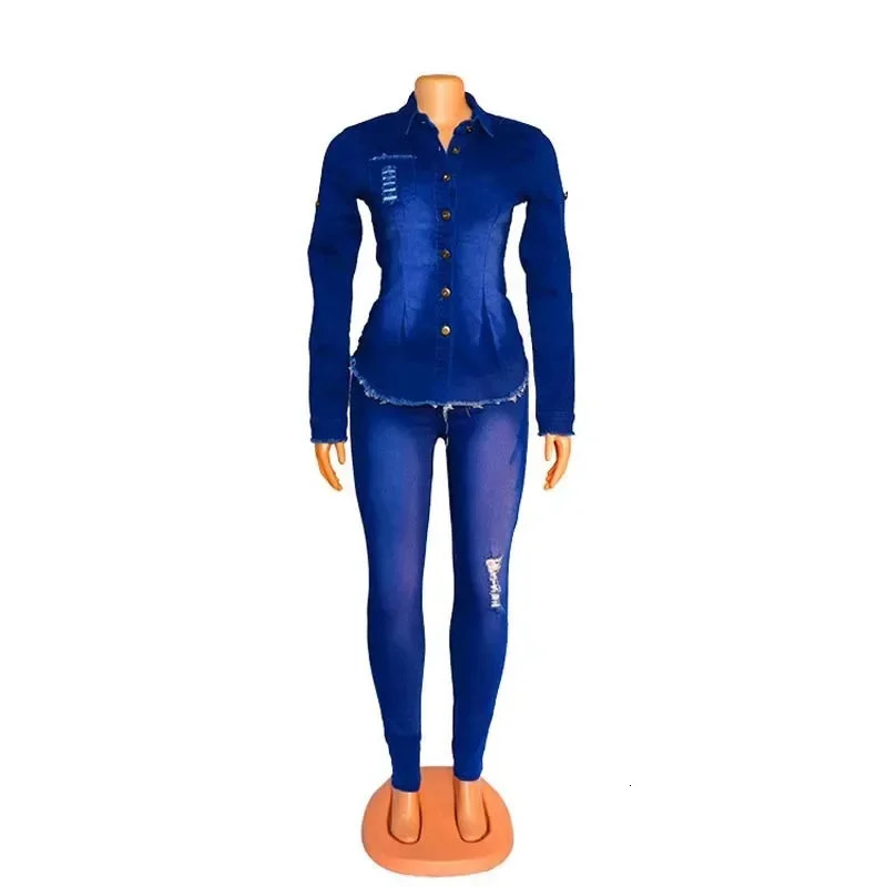 Casual Denim 2 Piece Set Jeans Suit Women Blue Long Sleeve Jeans Jacket Long Pants Slim Tracksuit Outfits 2024 Spring Autumn 250211