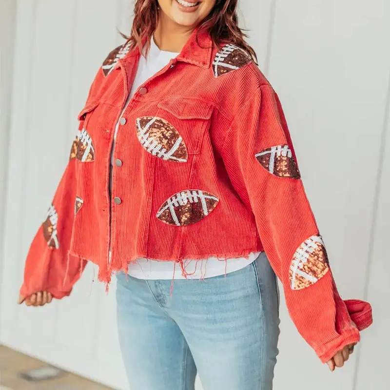 Black Football Sequin Corduroy Jacket Stadium Style Football Season Retro Turn-down Collar Autumn Jacket for Women 250116