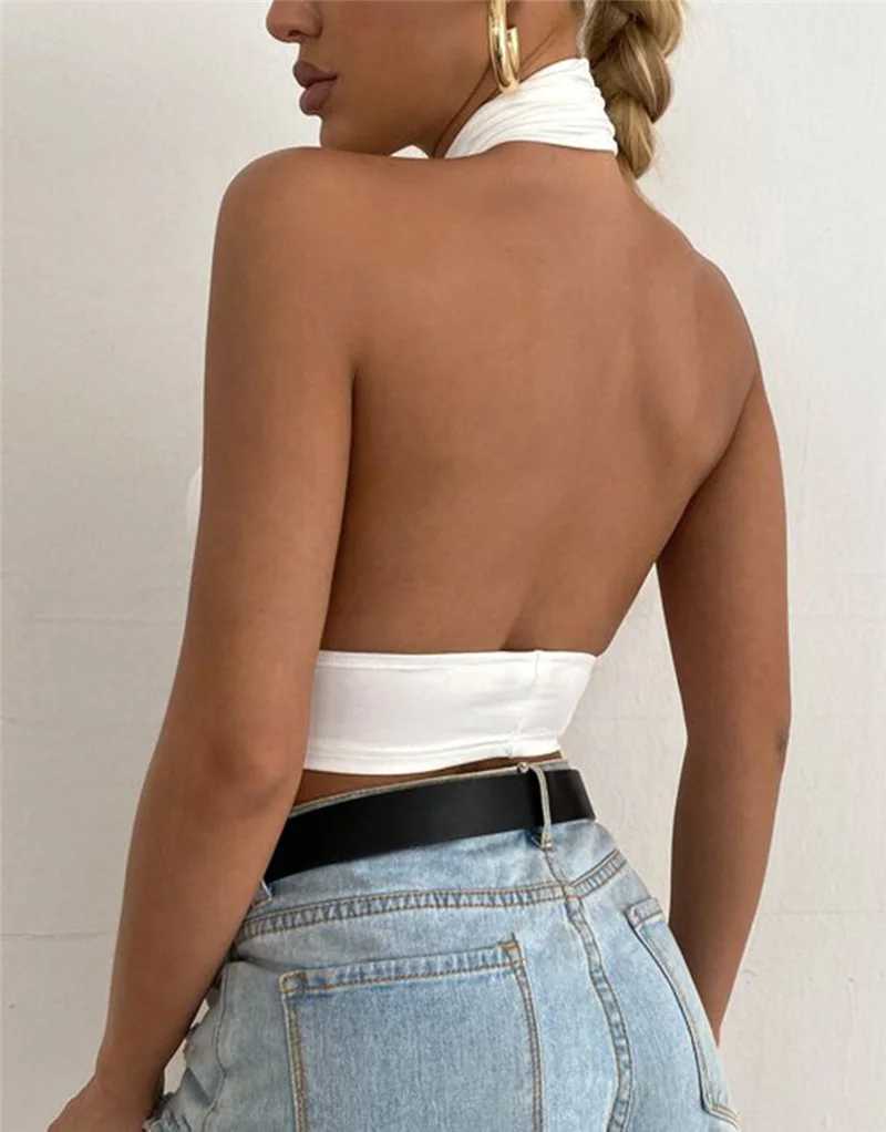 Women Summer Tank Tops Sexy Solid Color Cross Halter Neck Push Up Hollow Crop Tops High Street Wear 2024 New FashionXJ250212