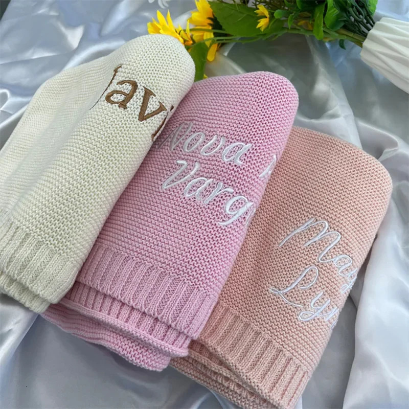 Personalized Baby gifts swaddle Blanket with Name Custom Knited with Embroidery name Baby born kids girls boys 250208