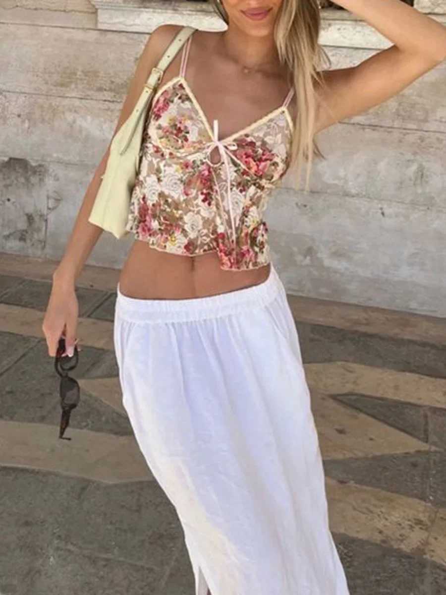Women Spaghetti Strap Camisoles Floral Print V-Neck Tie-Up Front Sveless Sling Tank Tops Slim Fit Vests Crop Tops Y2k SummerXJ250212