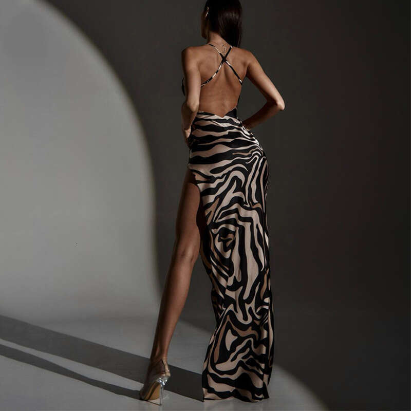 European and American style women's summer print splicing backless suspender slit dress wholesale 2025 new casual versatile fashion clothing