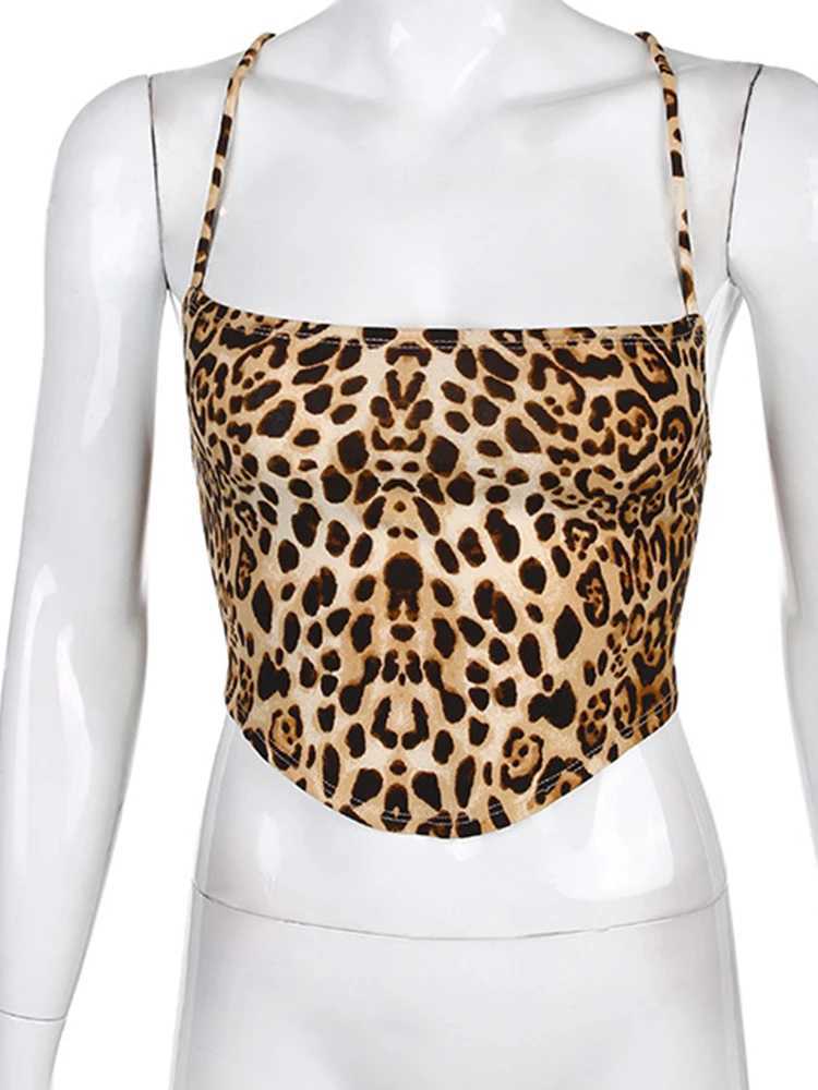 Leopard Pattern Women Tank Tops Backless Sexy Rave Outfits Sveless Cross Lace Up Bralette Crop Top Summer StreetwearXJ250212