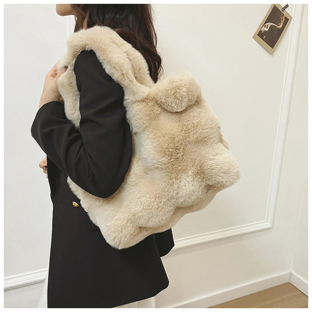 Women Fluffy Shoulder Bags Autumn Winter Top-Handle Handbag Plush Tote Bag Solid Color Versatile Handle Bag 250207