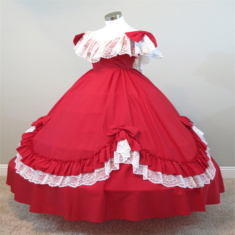 Victorian Gothic Red Prom Dress 1930s Off Shoulder Lace Civil War Evening Dress Costume Lolita Formal Birthday Dress Elegant Vestio De Gala 1860 Costu