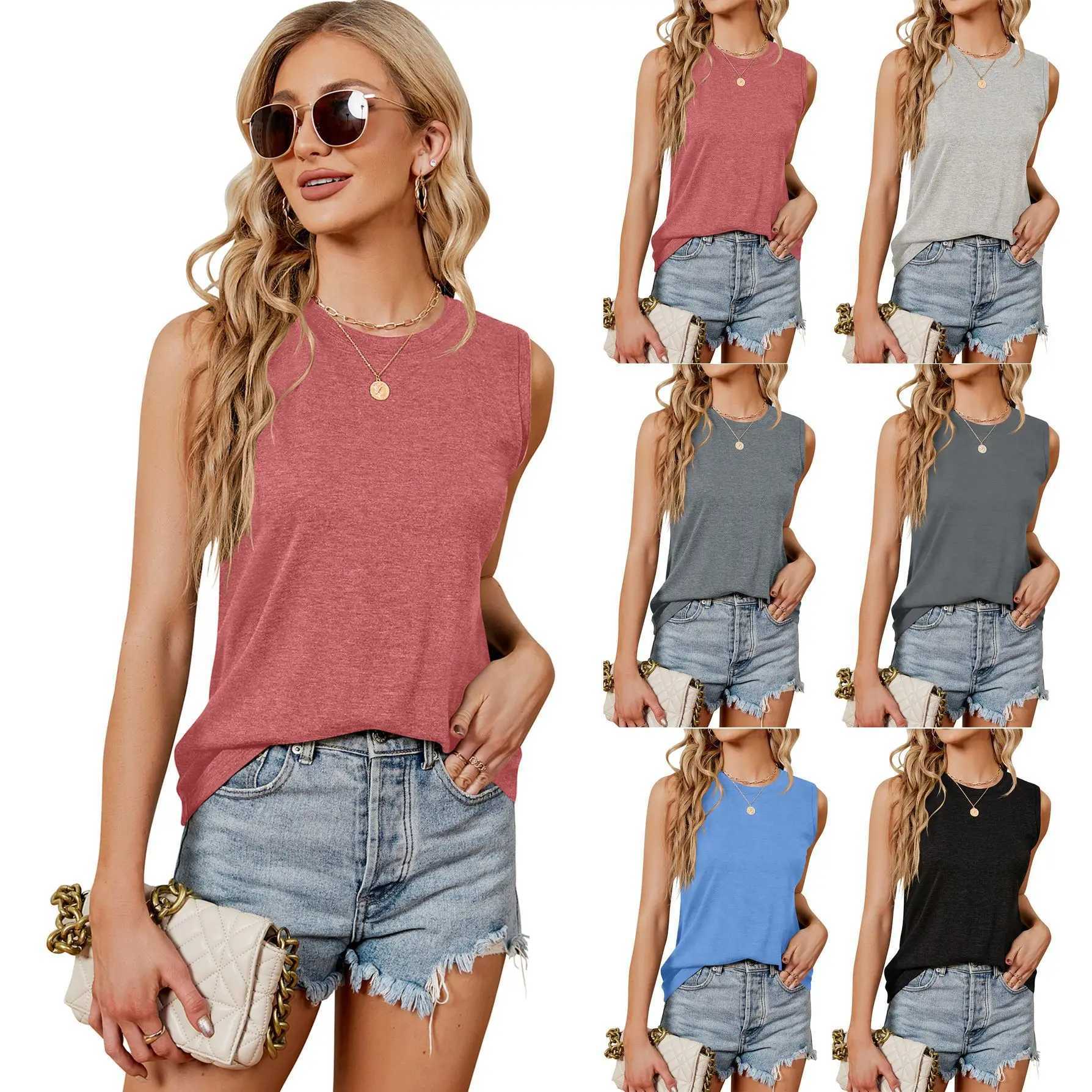 2024 New Summer Womens Tops Fe Y2K Loose Knit Sveless Round Neck Shirt Womens Elastic Vest Pure Color Soft VestXJ250212