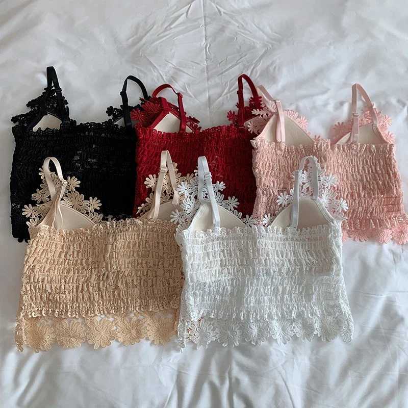 ITOOLIN Summer Women Lace V-Neck Sexy Backless Crop Top Hollow Out Tank Top With Bra Pad Y2K Camis Floral Embroidery Top 2024XJ250212