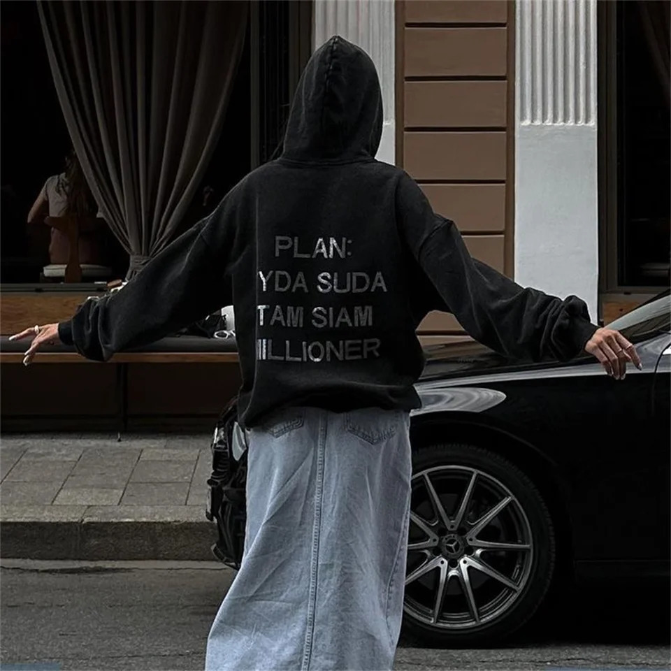 Autumn And Winter Women Clothing Harajuku Letter Retro Diamonds Y2k Distressed Hoodies Loose Causal Hooded Womens Sweatshirt 250117