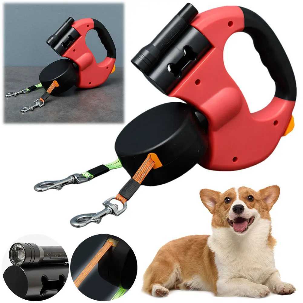 Dog Collars Double Headed Leash Walking 360 Degree Swivel Dual Pet with LED Light Retractable for 2 Dogs H250208