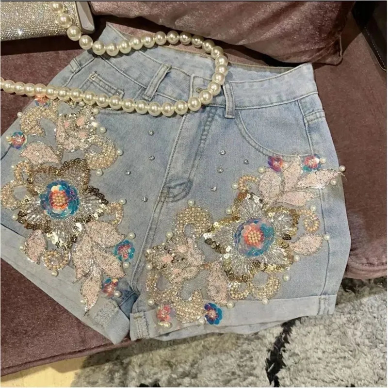 Limiguyue Summer High Quality Sequined Denim Shorts Wide Legs Diamond Jeans Pearl 3D Flowers Diamonds Short Pants Cow 062P 250212