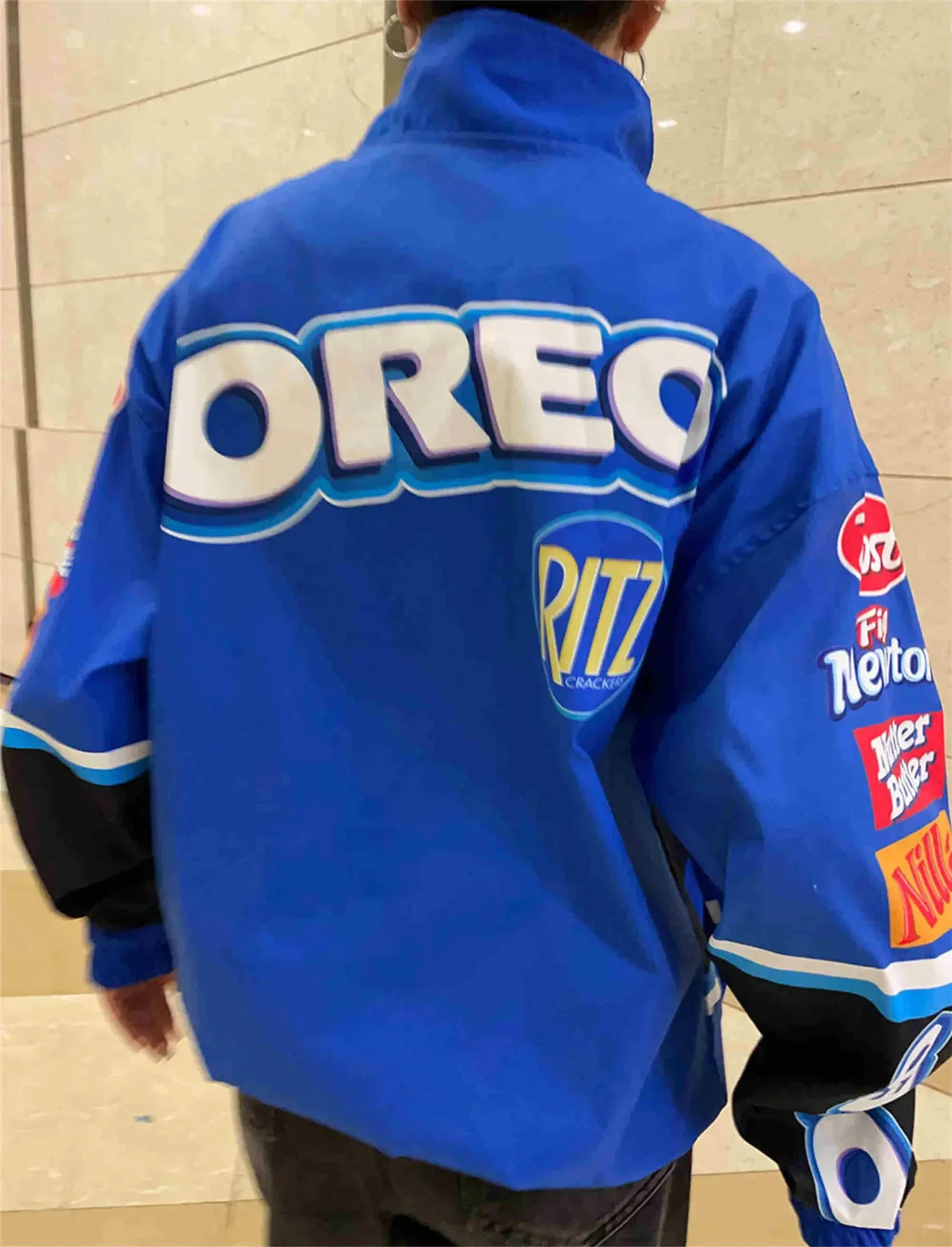Zekye-Motorcycle Jacket for Women Long Sleeve Racing Baseball Jacket Varsity Blue Printed Casual Loose Coat Spring 250212