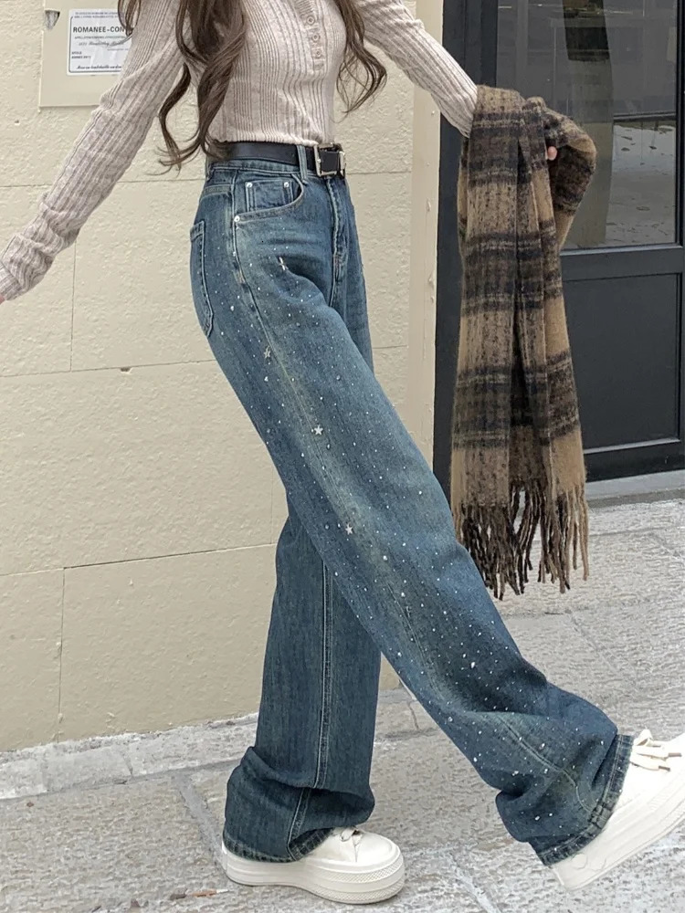 Hosen Y2K Fashion Fix Rhinestone Baggy Jeans Pants For Women Clothes Casual Lady Denim Trousers Ropa De Mujer 250212