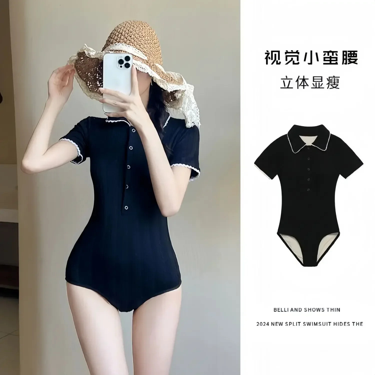 Womens One-piece Swimsuit Short Sleeve Polo Collar Slim Black Bathing Suit s Kawaii Swimwear Beach Vacation Swimming Suit 250210