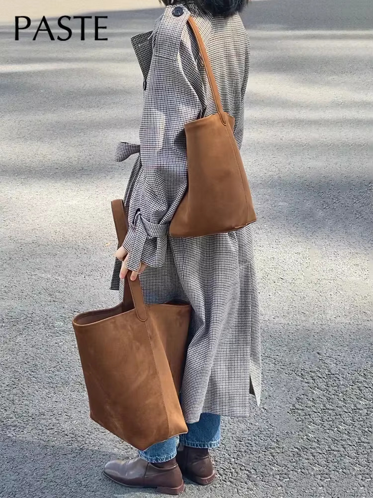 New Aesthetic Trend Winter Ladies Commuter Officer Bucket Tote Matte Suede Leather Women Handbag Urious Brown Shoulder Bag