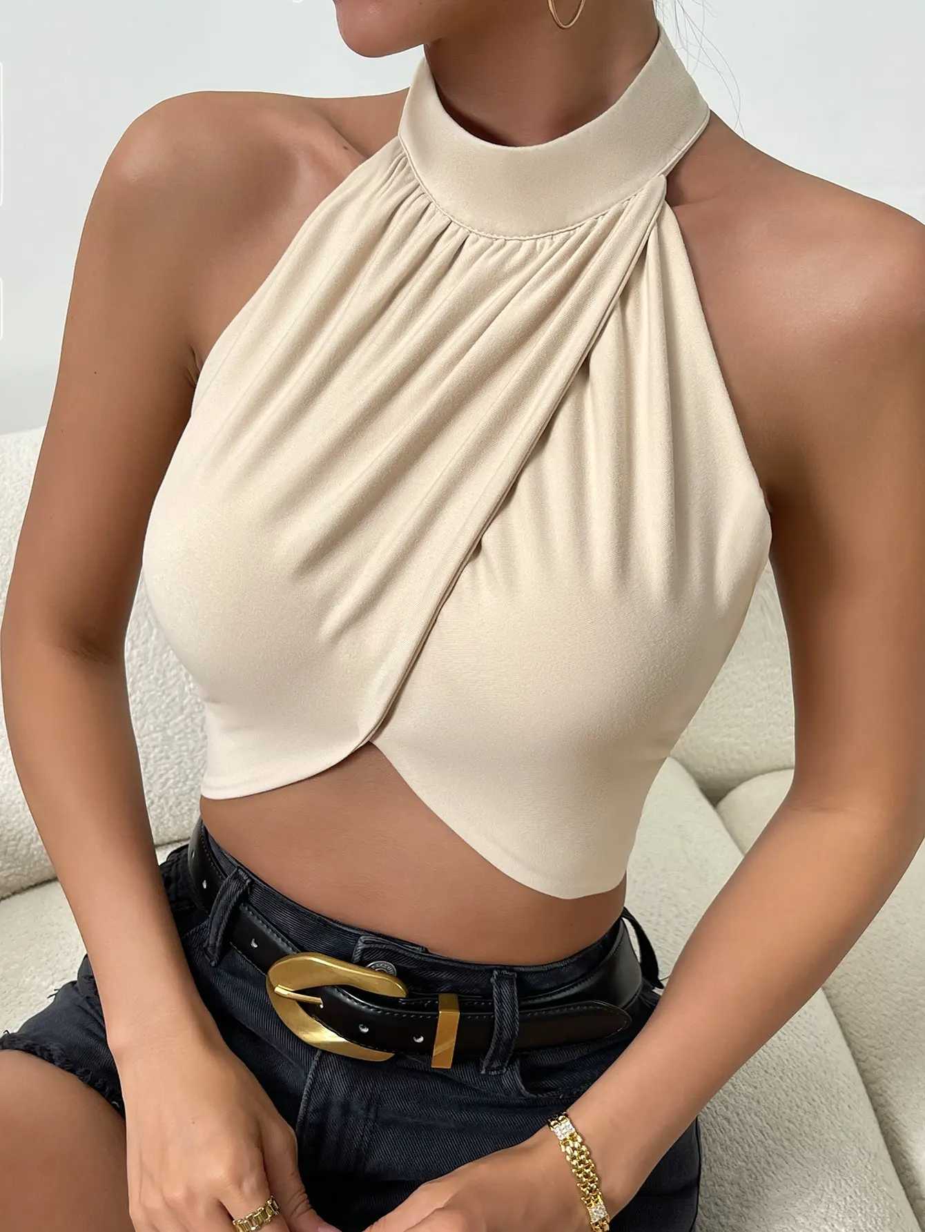 Sveless halter cross halter belt tied slim knit vest for women Hanging Neck Design Sexy And HharmingXJ250212