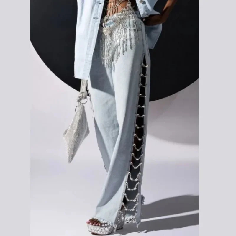 Women Sexy Denim Wide Leg Pants Low Waist Denims Vintage Jeans Casual Trousers Hollow Out Split Diamonds Chain Floor Length 250212