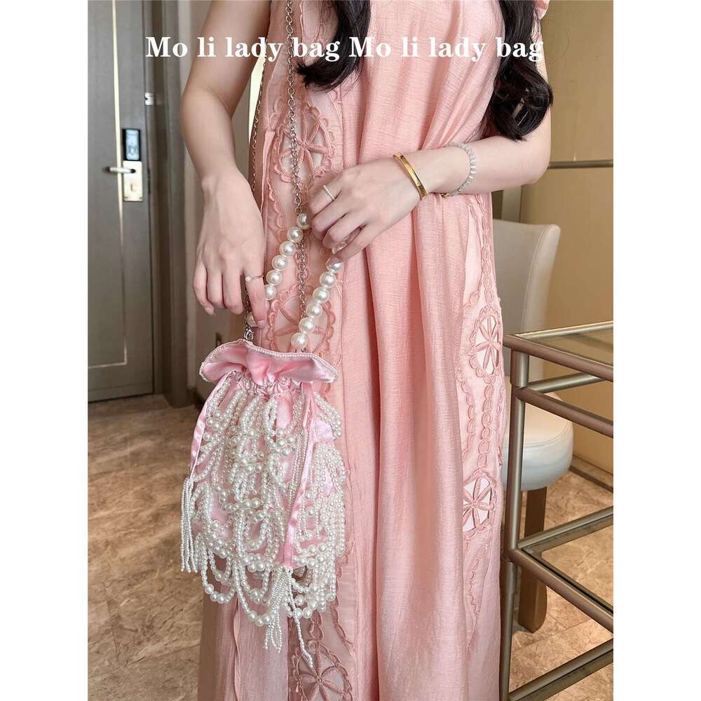 Pearl Beading Tassel Bucket Women's Handbag Beads Beaded Handmade Evening Wedding Party Clutch Purse Shoulder Bag
